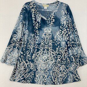 Impulse California size XL Blue White Abstract Artsy V Neck Stretch Relaxed Top